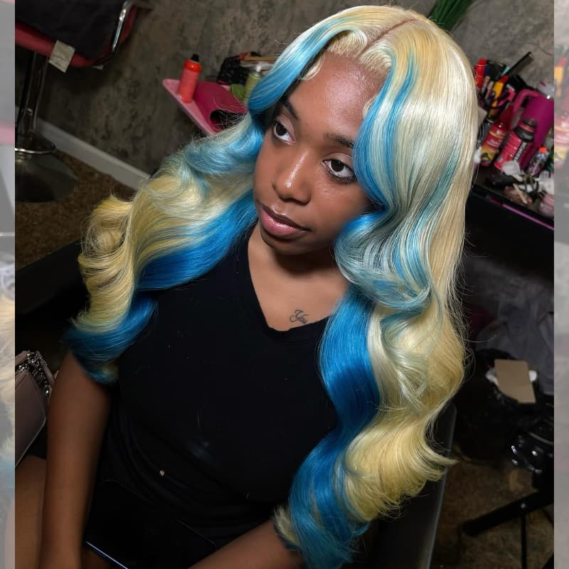 SWAY Ombre 613 Blonde Blue Skunk Stripe 13x4 Lace Front Virgin Human Hair Wigs