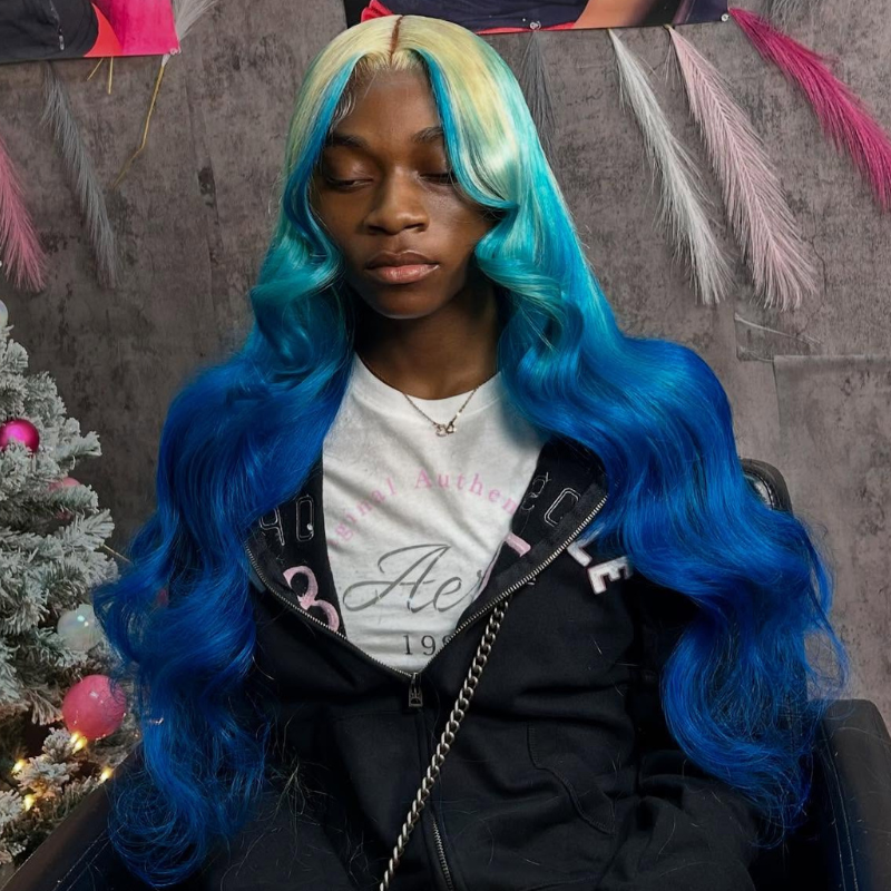SWAY Ombre Blonde Blue Skunk Stripe 13x4 Lace Front Virgin Remy Human Hair Wigs