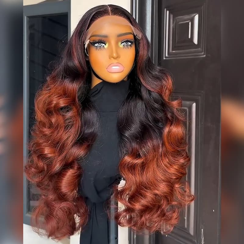 SWAY Ombre Copper Brown Bouncy Loose Curls 13x4 Lace Front Human Hair Wigs