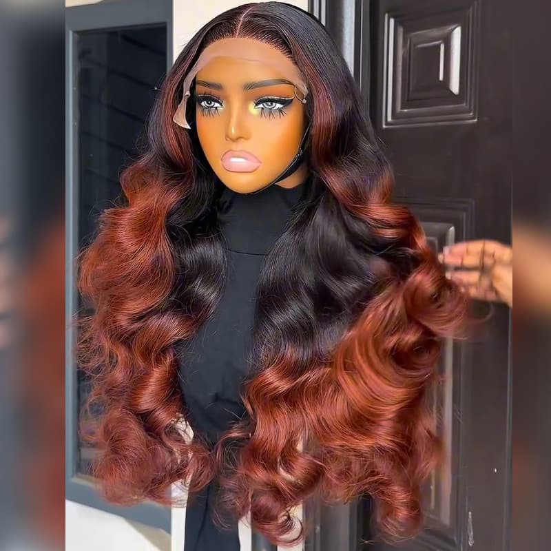 SWAY Ombre Copper Brown Bouncy Loose Curls 13x4 Lace Front Human Hair Wigs