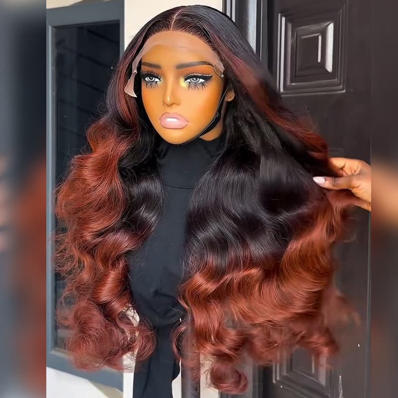 SWAY Ombre Copper Brown Bouncy Loose Curls 13x4 Lace Front Human Hair Wigs