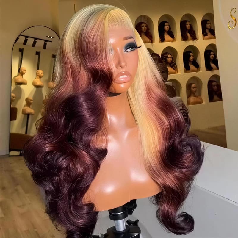 SWAY Ombre Dark Cherry Burgundy 13x4 Lace Front Human Hair Wig 200 Density