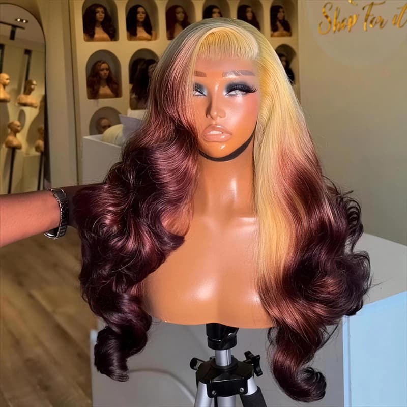 SWAY Ombre Dark Cherry Burgundy 13x4 Lace Front Human Hair Wig 200 Density