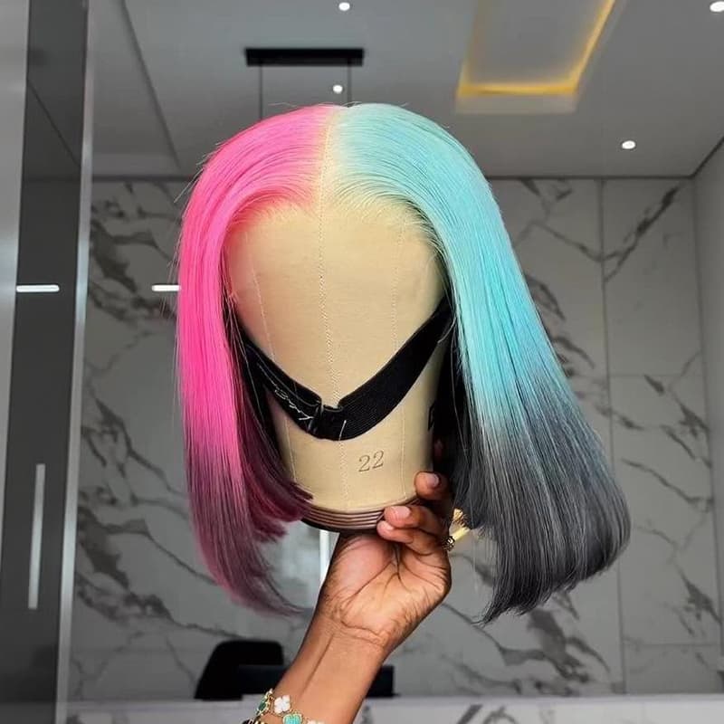 SWAY Ombre Half Pink Half Green Black Split Dye 8 10 12 inch Short Bob 13x4 Lace Front Human Hair Wig