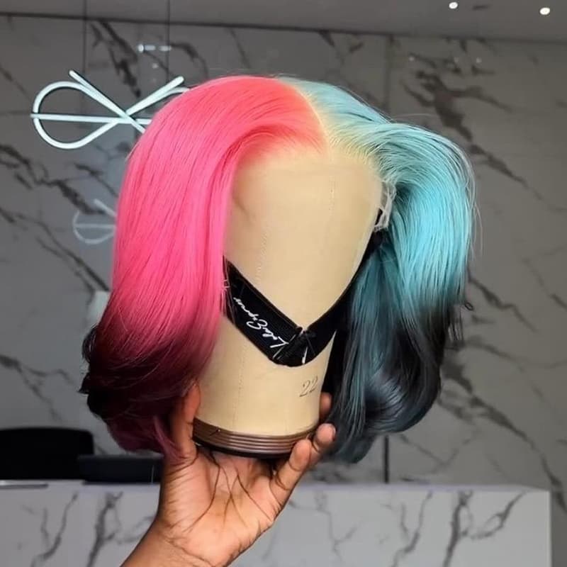 SWAY Ombre Half Pink Half Green Black Split Dye 8 10 12 inch Short Bob 13x4 Lace Front Human Hair Wig