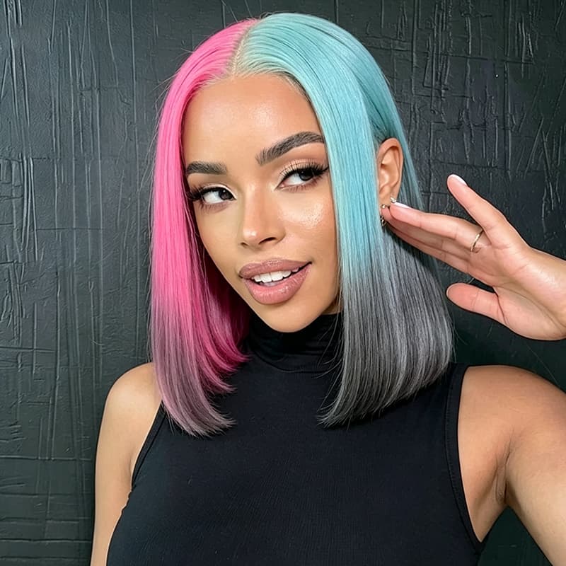 SWAY Ombre Half Pink Half Green Black Split Dye 8 10 12 inch Short Bob 13x4 Lace Front Human Hair Wig