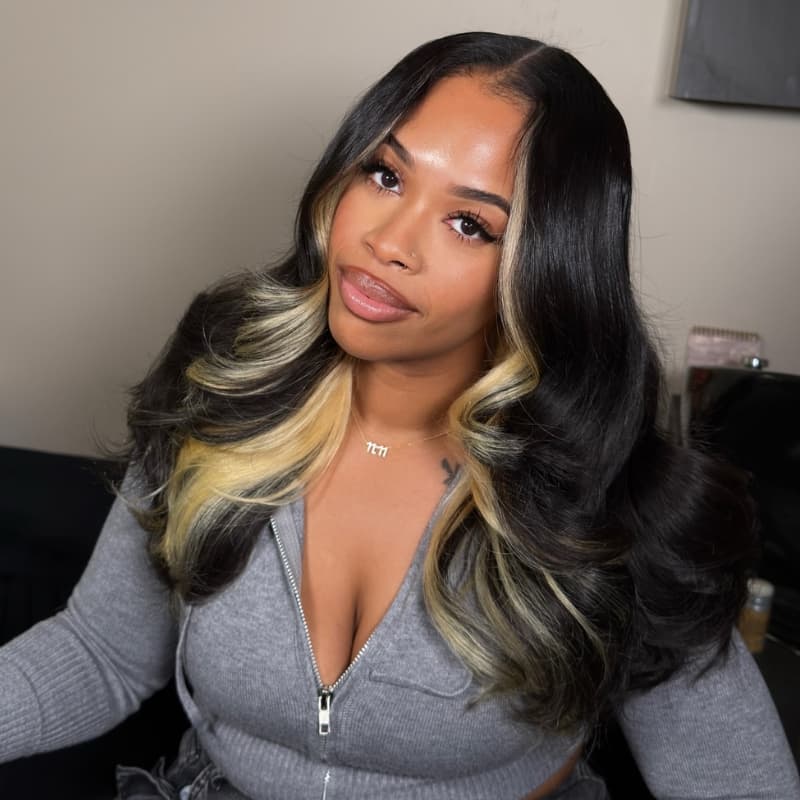 SWAY Peekaboo Black Blonde Streaks Skunk Stripe 13x4 Lace Front Human Hair Wigs 200 Density