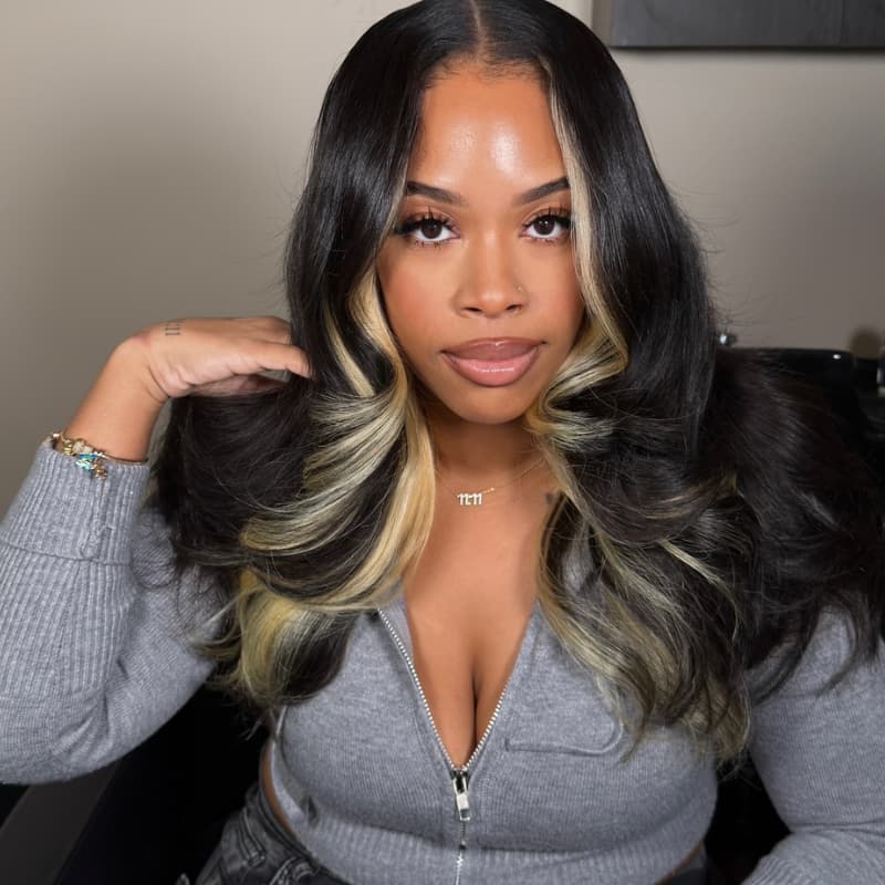 SWAY Peekaboo Black Blonde Streaks Skunk Stripe 13x4 Lace Front Human Hair Wigs 200 Density