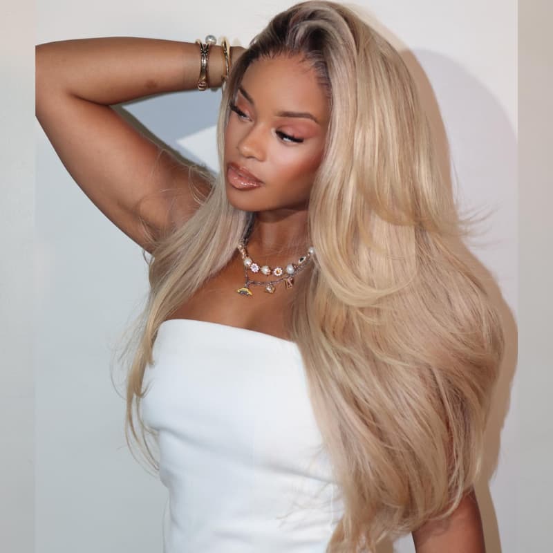 SWAY Platinum Beige Blonde Dark Roots Luxury Summer Beach Vacations 13x4 Lace Front Human Hair Wig