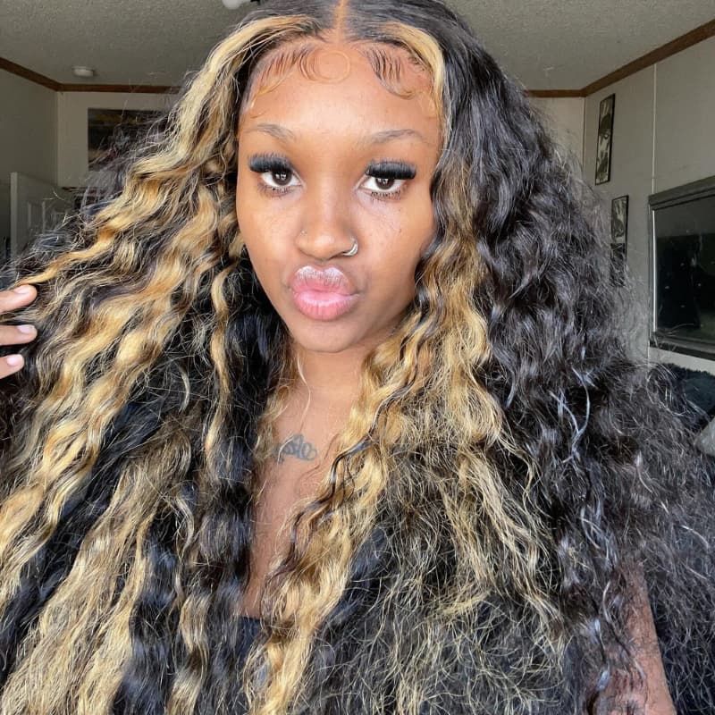 SWAY 300 Density Brown Skunk Stripe Highlight Deep Wave Curly Hair Wig