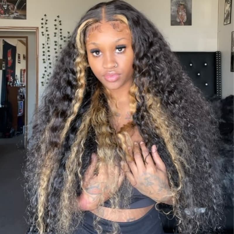 SWAY 300 Density Brown Skunk Stripe Highlight Deep Wave Curly Hair Wig