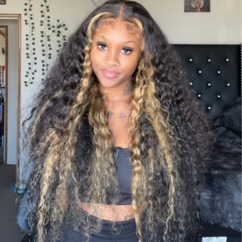 SWAY 300 Density Brown Skunk Stripe Highlight Deep Wave Curly Hair Wig
