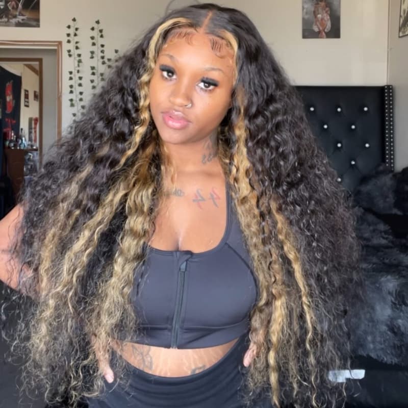 SWAY 300 Density Brown Skunk Stripe Highlight Deep Wave Curly Hair Wig