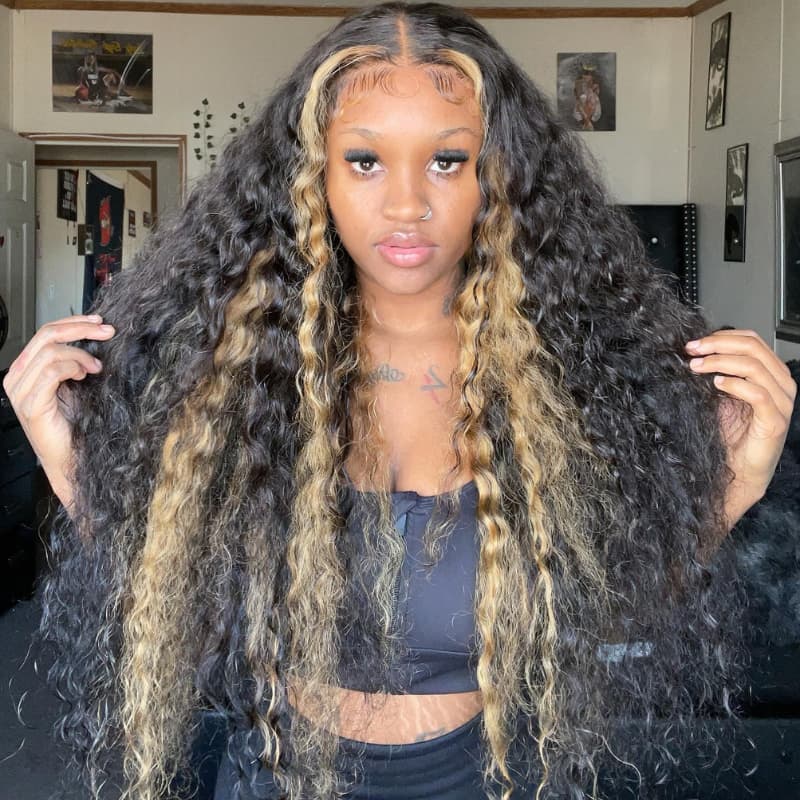 SWAY 300 Density Brown Skunk Stripe Highlight Deep Wave Curly Hair Wig