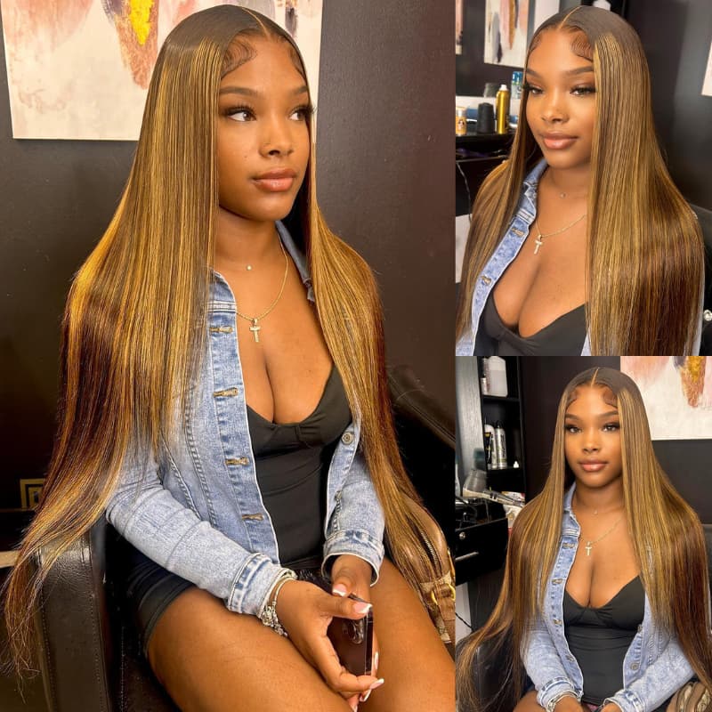 SWAY 30 32 34 Inch Honey Blonde Brown Highlights Virgin Human Hair Wig