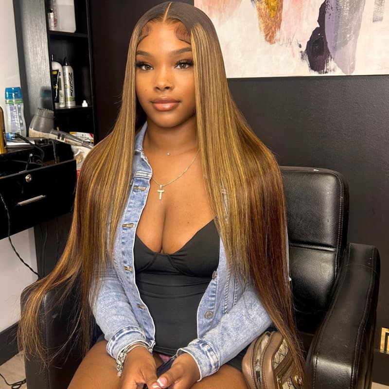 SWAY 30 32 34 Inch Honey Blonde Brown Highlights Virgin Human Hair Wig