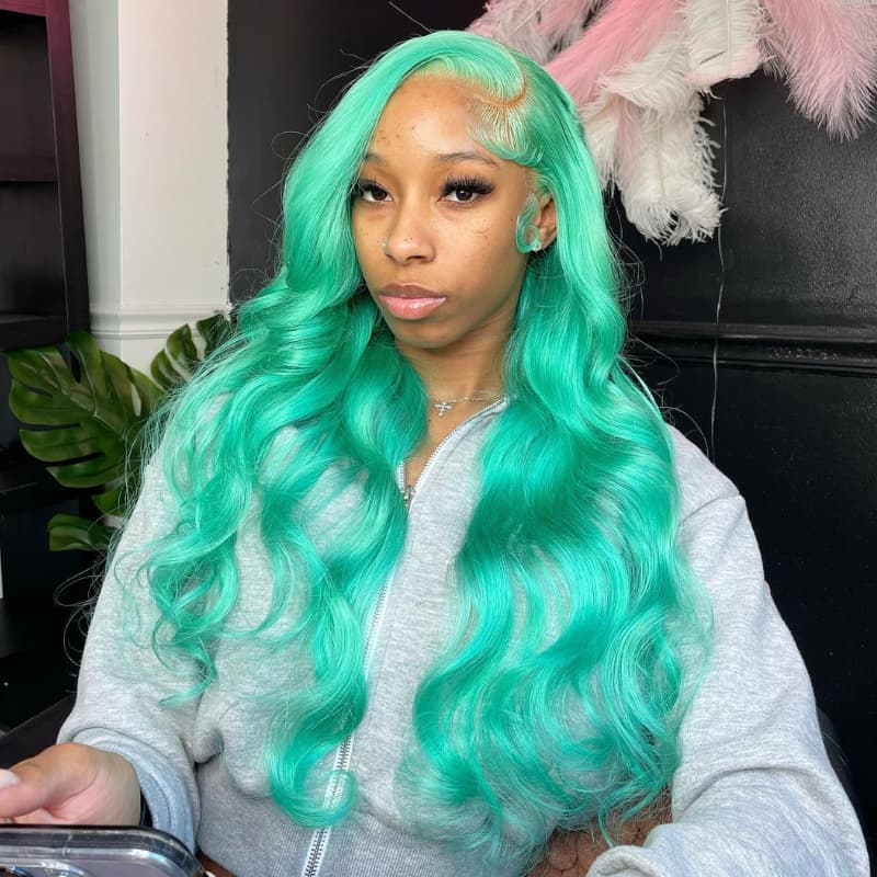 SWAY 30 32 34 Inch Pastel Green Body Wave HD Lace Front Human Hair Wig