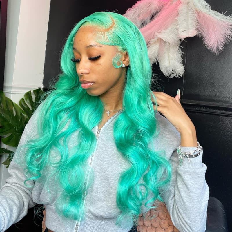 SWAY 30 32 34 Inch Pastel Green Body Wave HD Lace Front Human Hair Wig