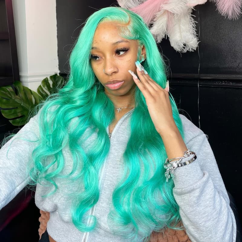 SWAY 30 32 34 Inch Pastel Green Body Wave HD Lace Front Human Hair Wig