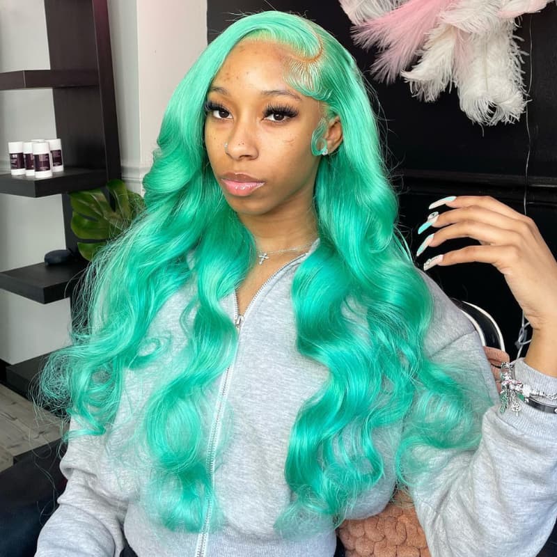 SWAY 30 32 34 Inch Pastel Green Body Wave HD Lace Front Human Hair Wig