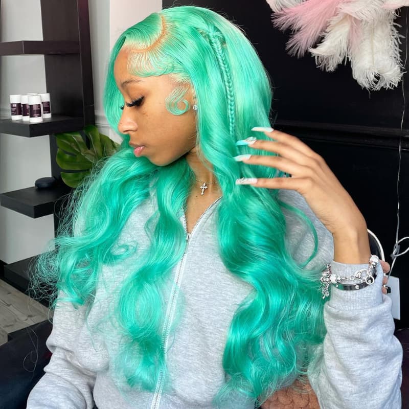 SWAY 30 32 34 Inch Pastel Green Body Wave HD Lace Front Human Hair Wig