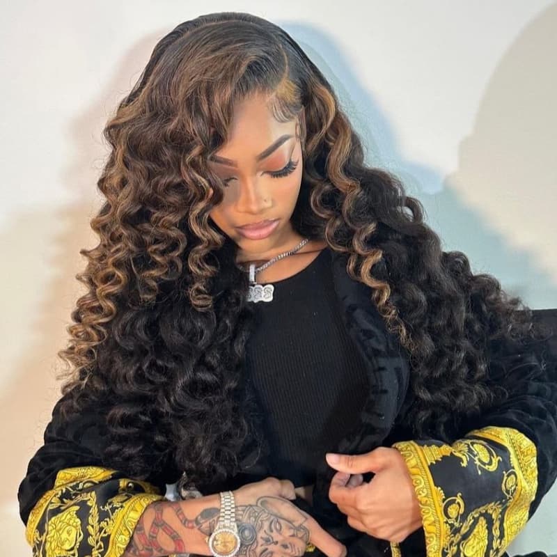 SWAY Black With Brown Highlight Wand Curls Lace Front Human Hair Wigs