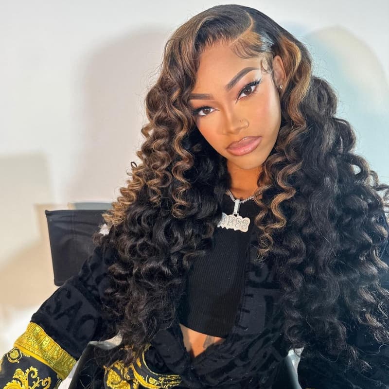 SWAY Black With Brown Highlight Wand Curls Lace Front Human Hair Wigs
