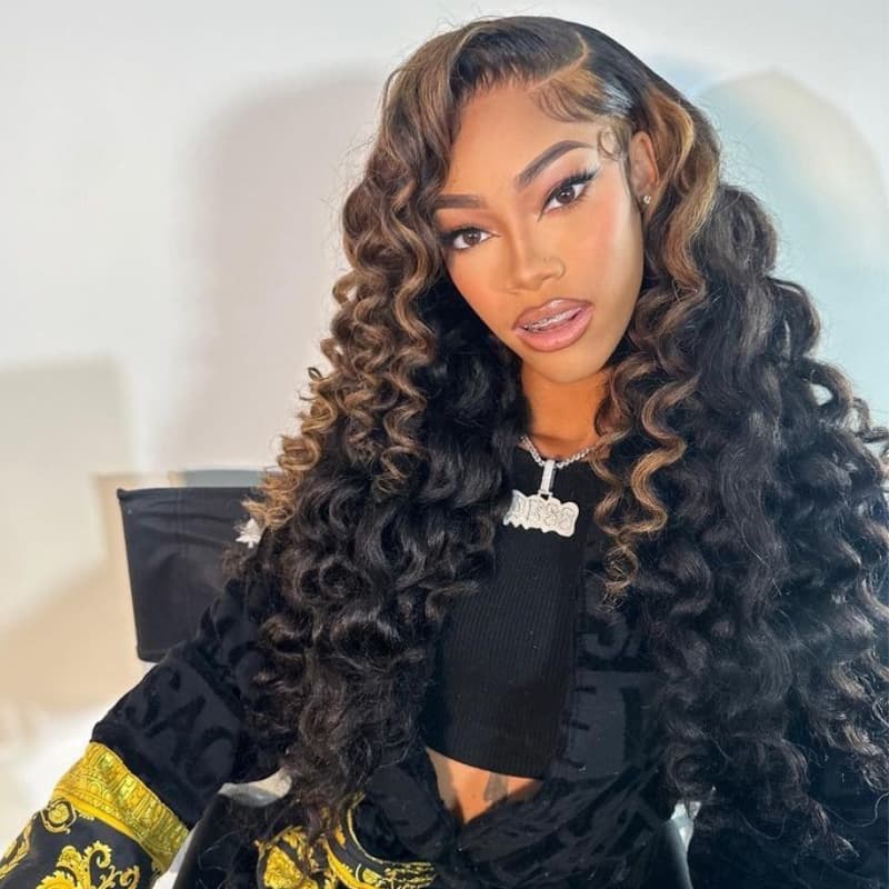 SWAY Black With Brown Highlight Wand Curls Lace Front Human Hair Wigs