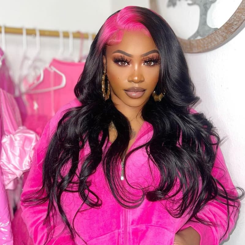 SWAY Black With Hot Pink Roots 200 Density Lace Front Human Hair Wigs
