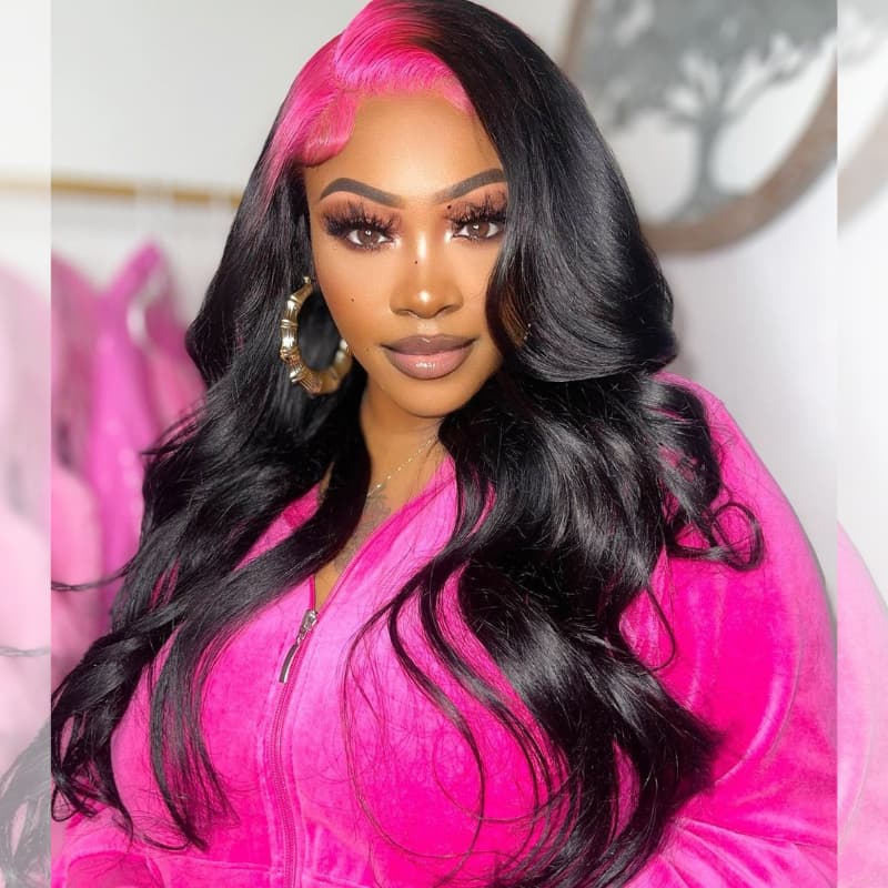 SWAY Black With Hot Pink Roots 200 Density Lace Front Human Hair Wigs
