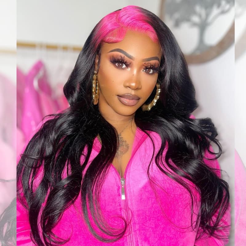 SWAY Black With Hot Pink Roots 200 Density Lace Front Human Hair Wigs