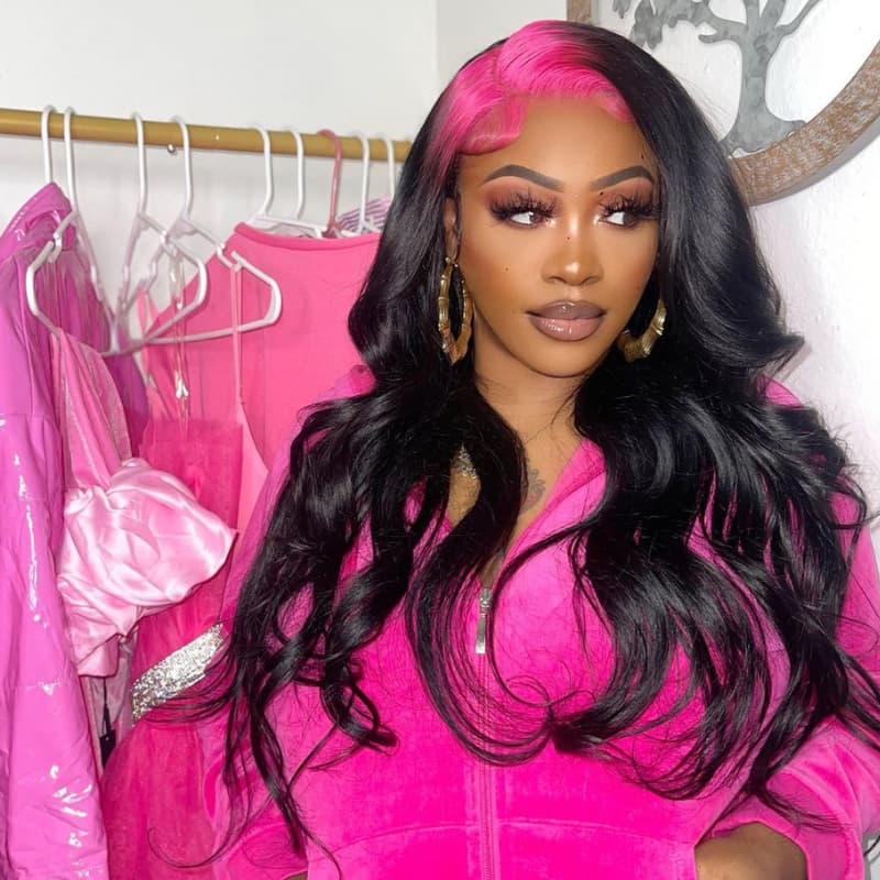 SWAY Black With Hot Pink Roots 200 Density Lace Front Human Hair Wigs