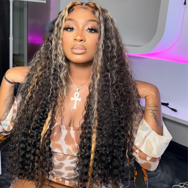 SWAY Brown Deep Wave Skunk Stripe Highlights Virgin Human Hair Wigs