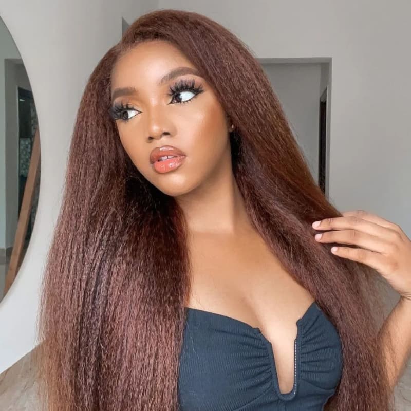 SWAY Chocolate Brown Yaki Kinky Straight HD Lace Front Human Hair Wigs