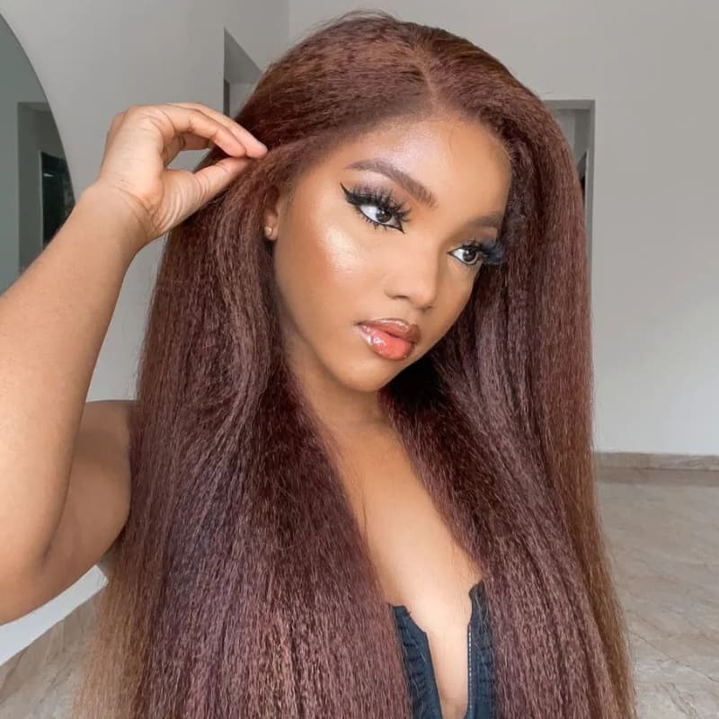 SWAY Chocolate Brown Yaki Kinky Straight HD Lace Front Human Hair Wigs