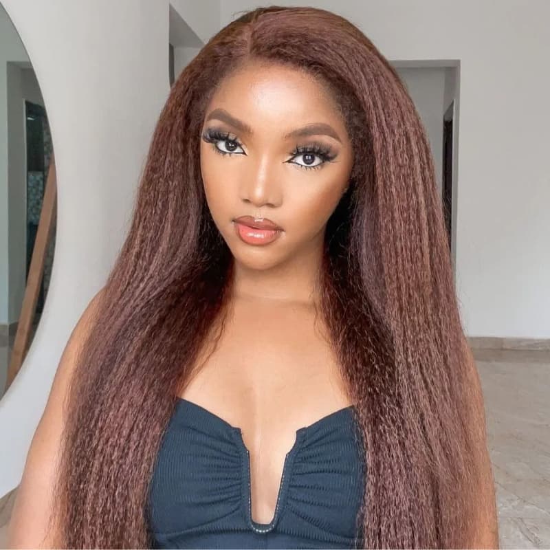 SWAY Chocolate Brown Yaki Kinky Straight HD Lace Front Human Hair Wigs