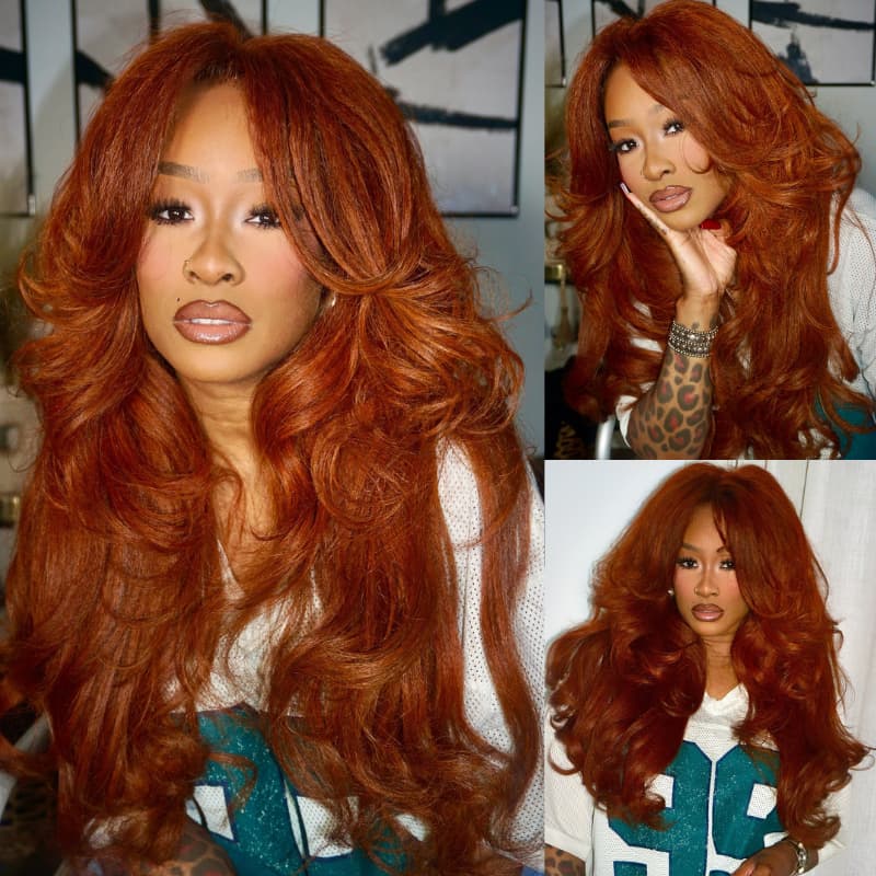 SWAY 200 Density Ginger Brown Curtain Bangs Lace Front Human Hair Wigs