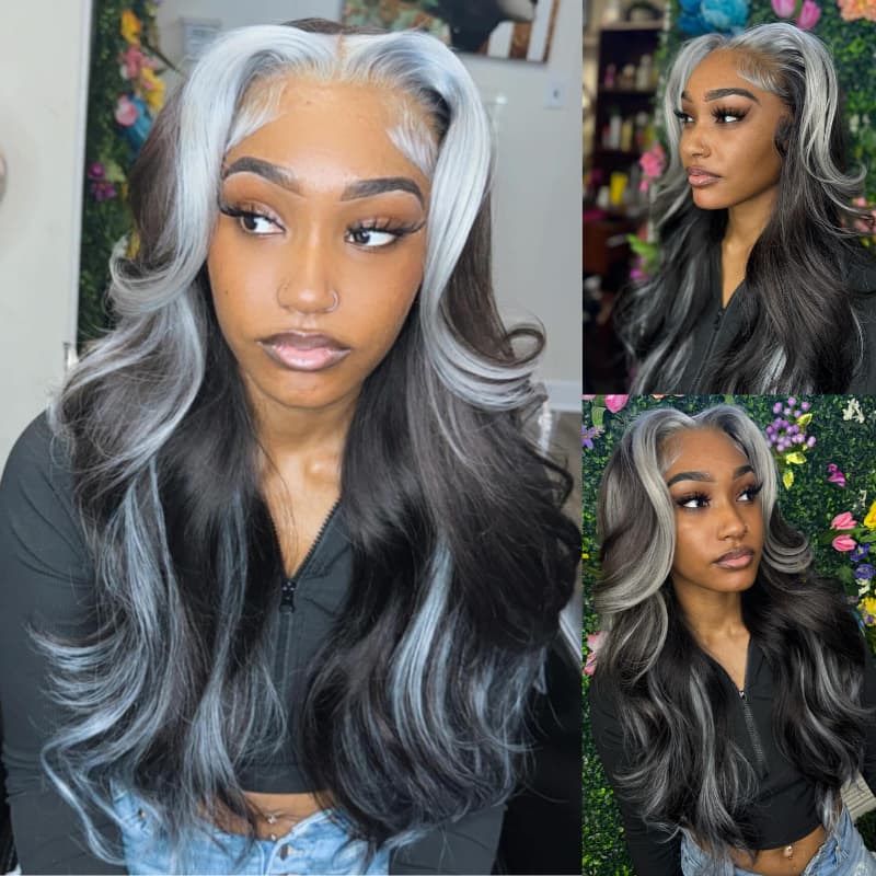 SWAY Gray Skunk Stripe Highlight Streaks HD Lace Front Human Hair Wigs