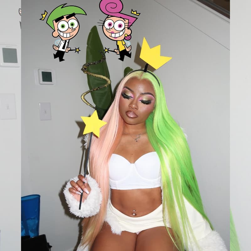 SWAY Halloween Cosplay Half Pink Half Green Split Dye Bone Straight 13x4 Lace Front Human Hair Wigs