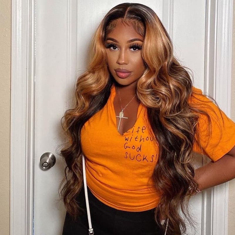 SWAY Honey Blonde Brown Highlights 13x4 HD Lace Front Human Hair Wigs