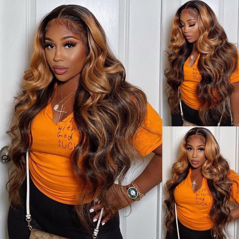 SWAY Honey Blonde Brown Highlights 13x4 HD Lace Front Human Hair Wigs