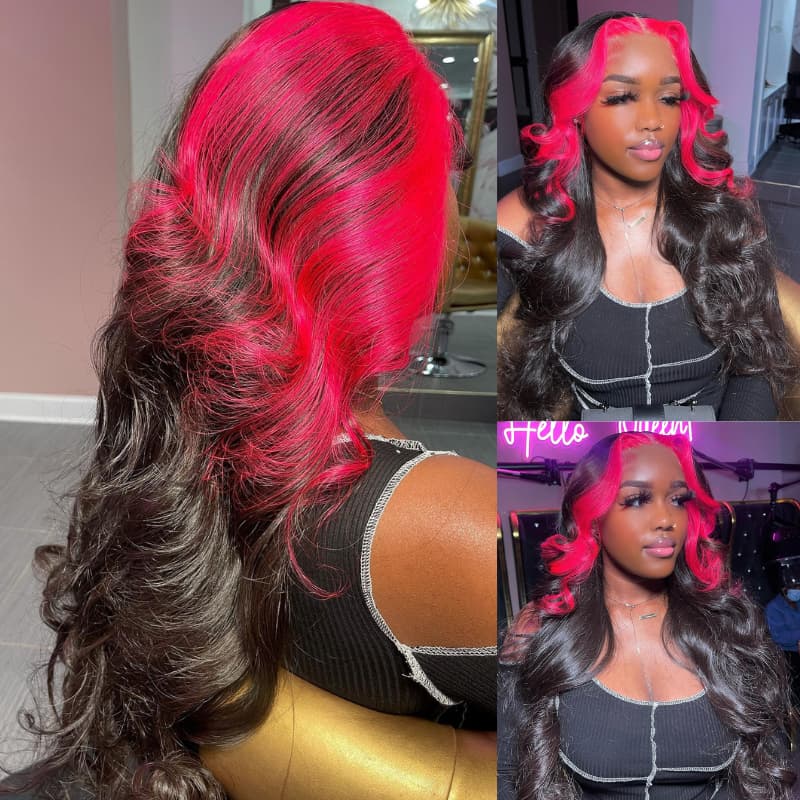 SWAY Hot Pink Skunk Stripe Highlights 13x4 Lace Front Human Hair Wigs
