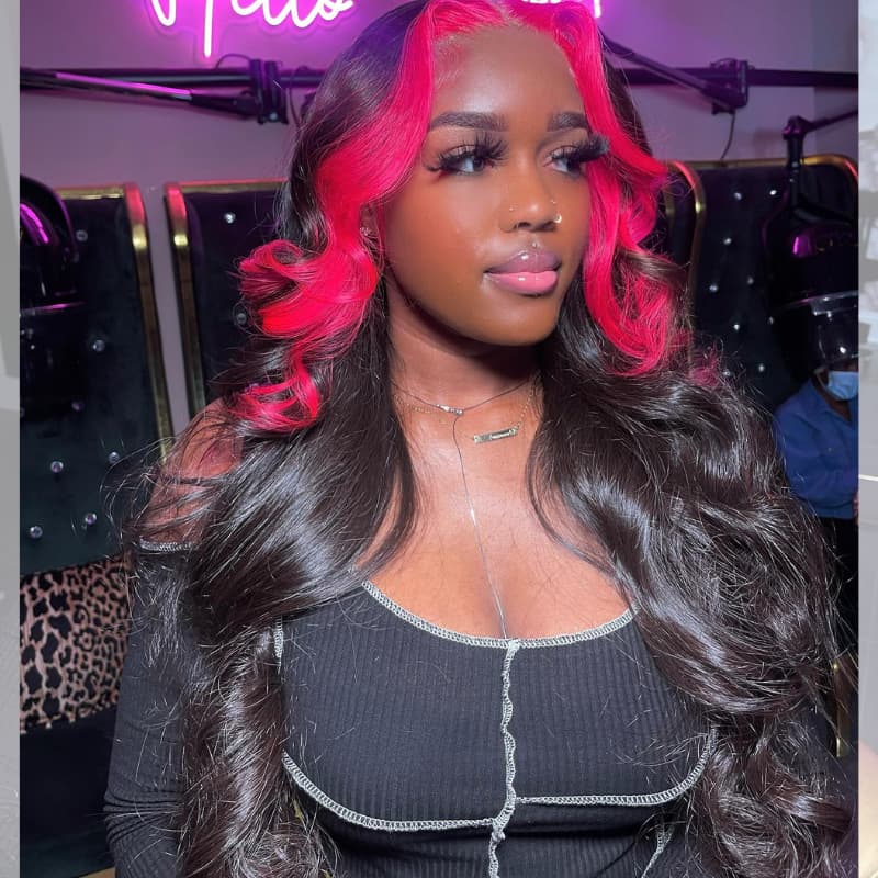 SWAY Hot Pink Skunk Stripe Highlights 13x4 Lace Front Human Hair Wigs