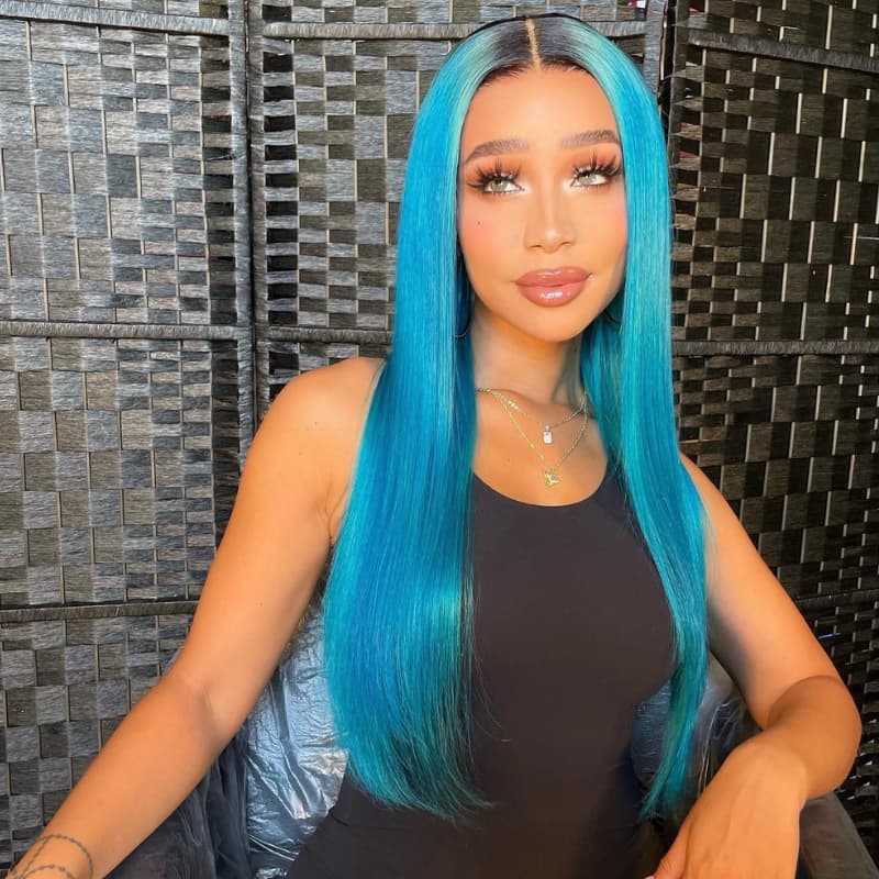 SWAY Ocean Blue With Dark Roots Bone Straight Virgin Human Hair Wigs