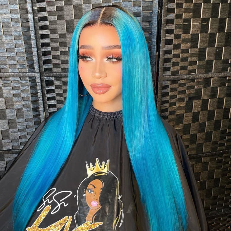 SWAY Ocean Blue With Dark Roots Bone Straight Virgin Human Hair Wigs
