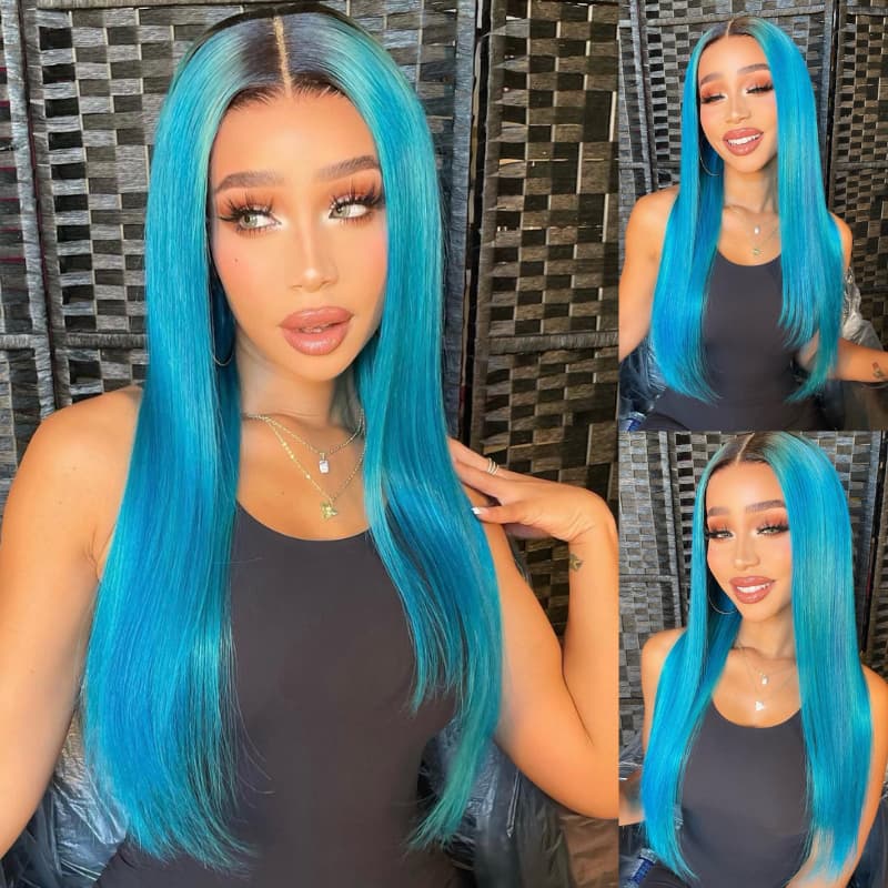 SWAY Ocean Blue With Dark Roots Bone Straight Virgin Human Hair Wigs