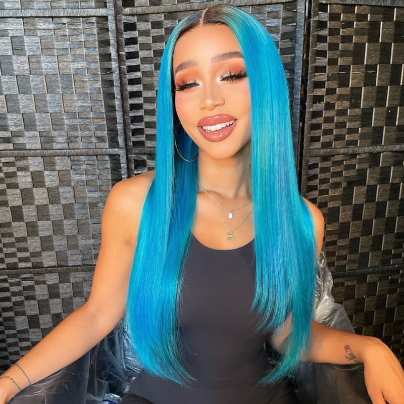 SWAY Ocean Blue With Dark Roots Bone Straight Virgin Human Hair Wigs