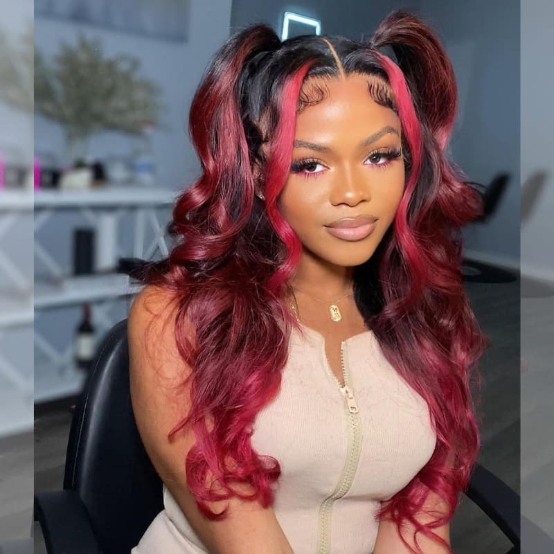 SWAY Ombre Black 99J Red Skunk Stripe 13x4 Lace Front Human Hair Wigs