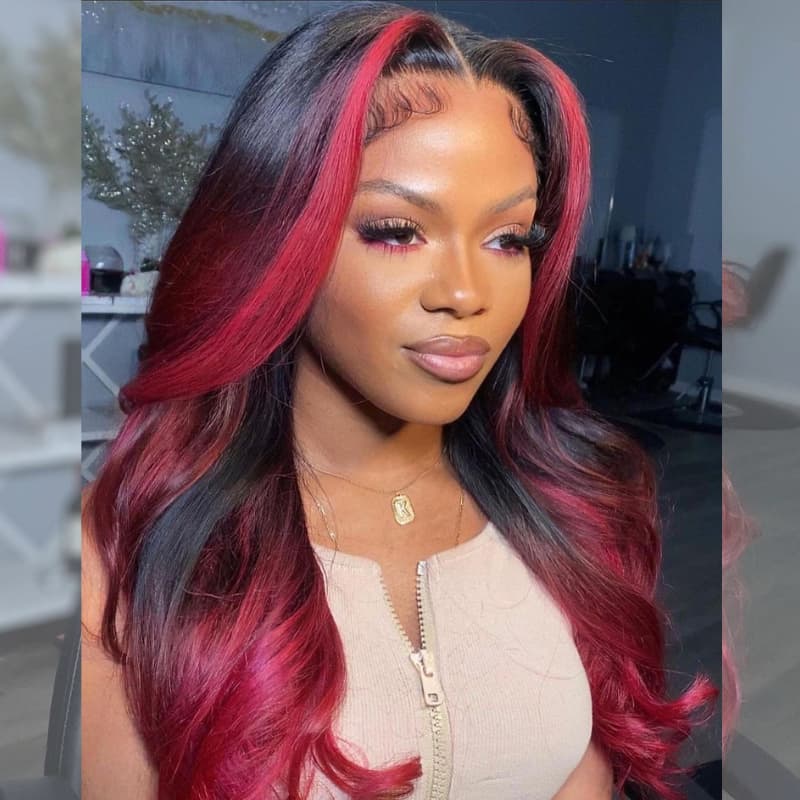 SWAY Ombre Black 99J Red Skunk Stripe 13x4 Lace Front Human Hair Wigs