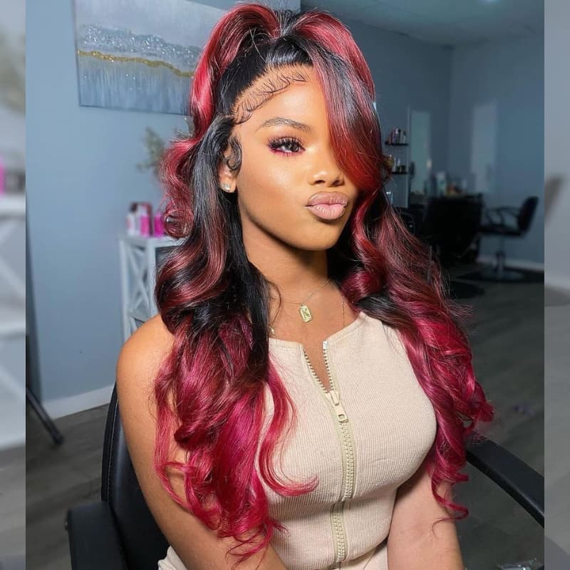 SWAY Ombre Black 99J Red Skunk Stripe 13x4 Lace Front Human Hair Wigs